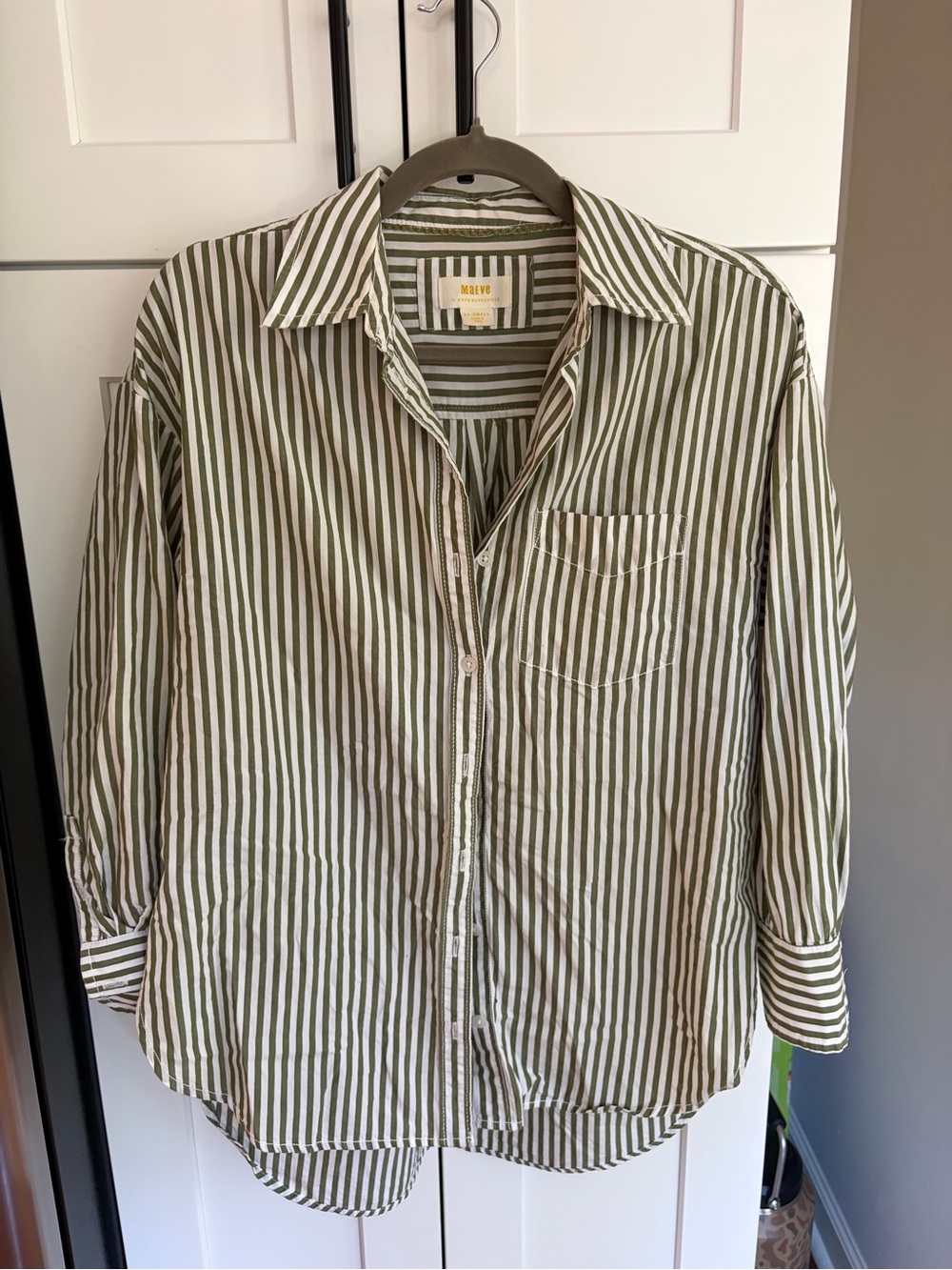 Anthropologie Olive Green & White Striped Button-Down Shirt